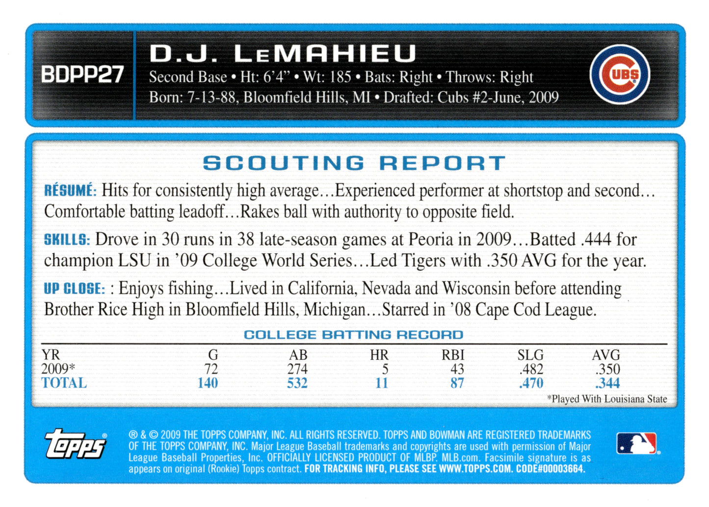 DJ LeMahieu 2009 Bowman #BDPP27