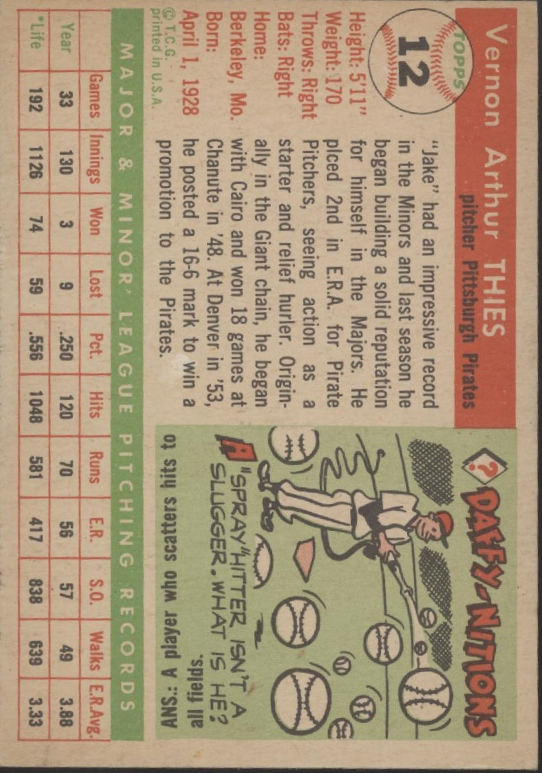 Jake Thies 1955 Topps #12 Pittsburgh Pirates EX