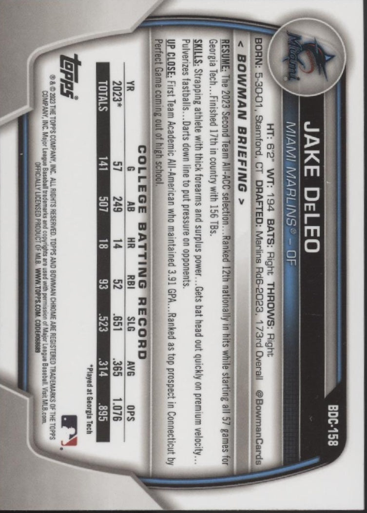 Jake DeLeo 2023 Bowman Chrome Purple Refractor 153/250 #BDC-158
