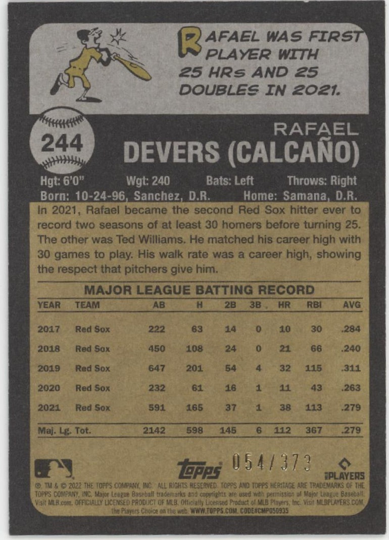Rafael Devers 2022 Topps Heritage Refractor 054/373 #244