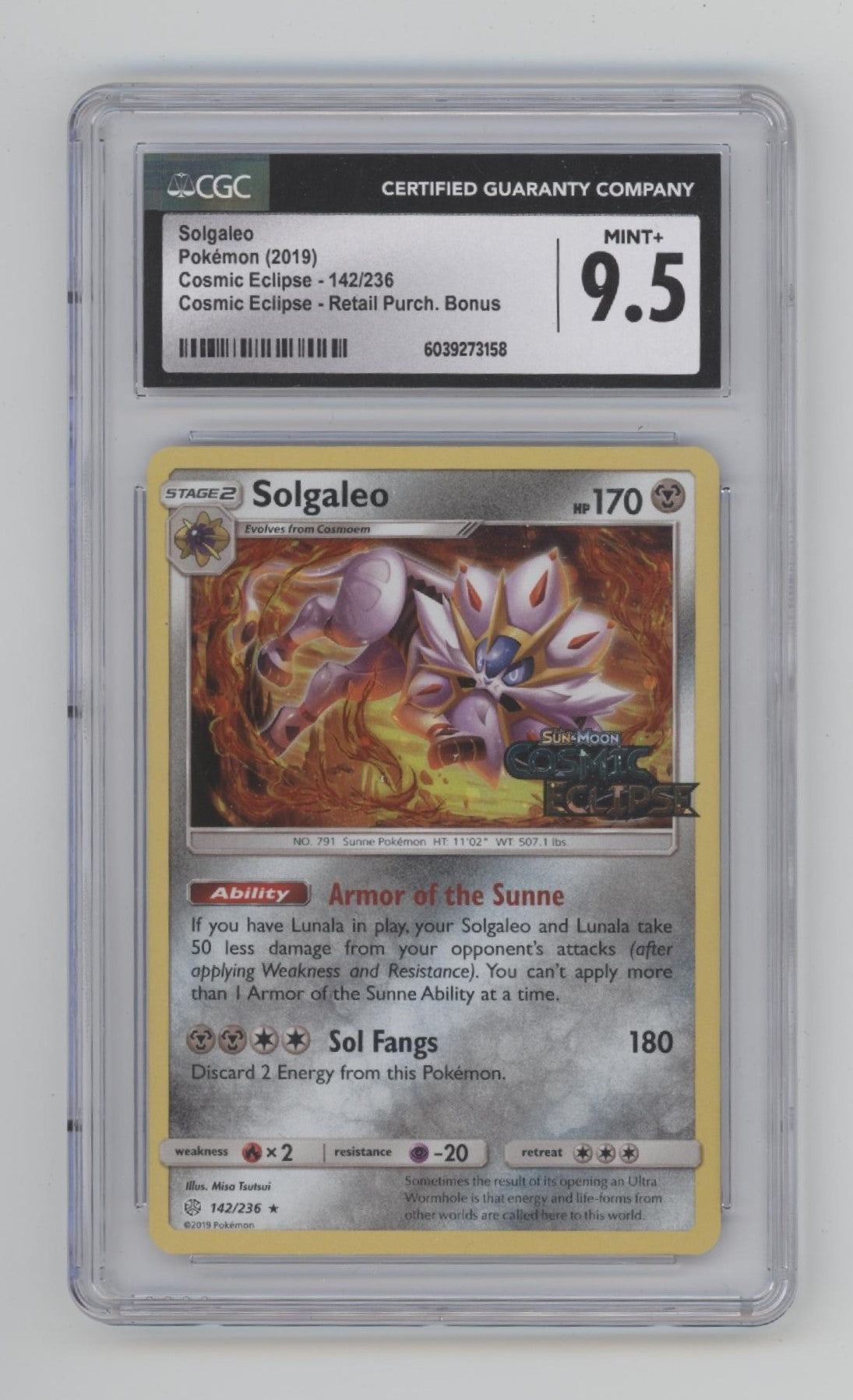 Solgaleo Pokemon Cosmic Eclipse Retail Purchase Bonus #142 CGC 9.5