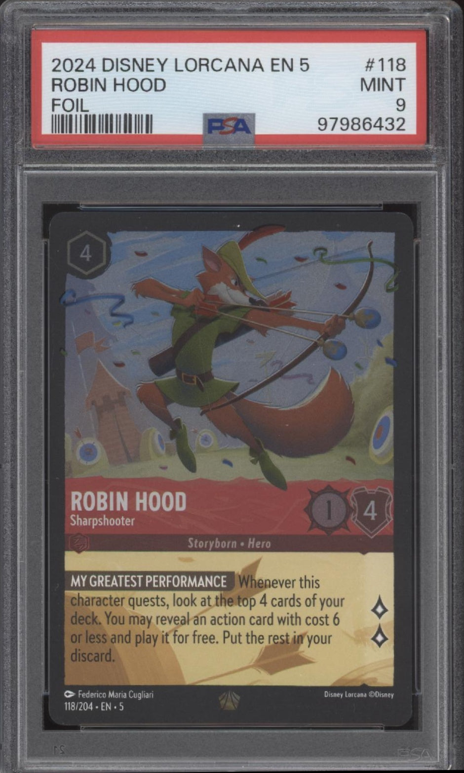 Robin Hood Disney Lorcana Shimmering Skies Foil #118 PSA 9
