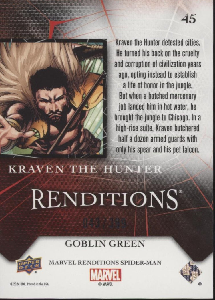 Kraven the Hunter 2024 Upper Deck Marvel Renditions Spider-Man Goblin Green /399