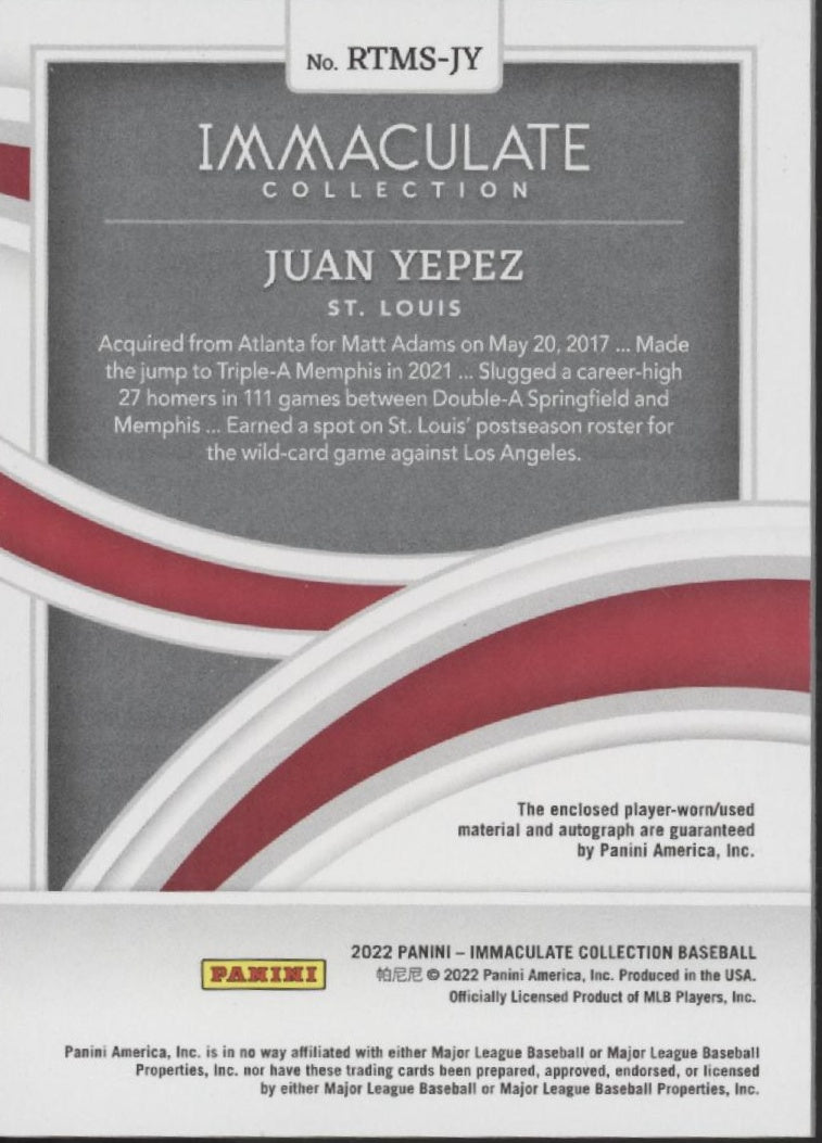 Juan Yepez 2022 Panini Immaculate Collection Swatch RC Auto 13/49 RTMS-JY