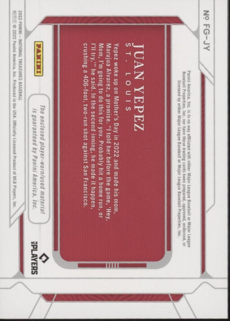 Juan Yepez 2022 Panini National Treasures Field Gear Swatch RC 10/10 #JY