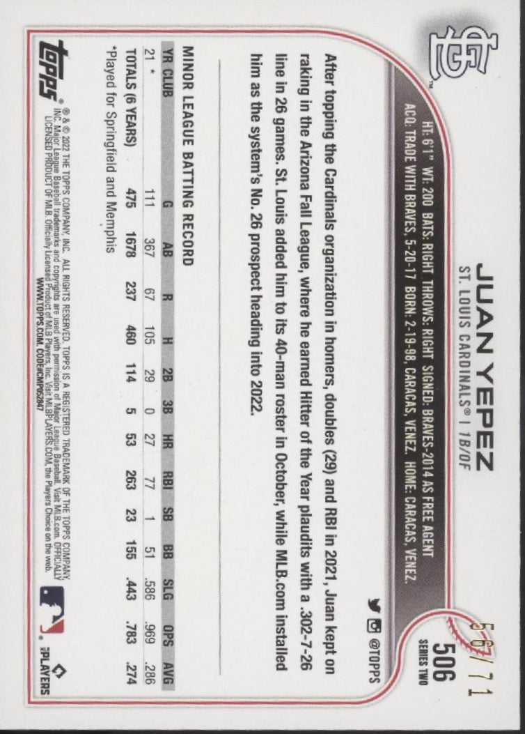 Juan Yepez 2022 Topps Series 2 Black Border RC 56/71 #506