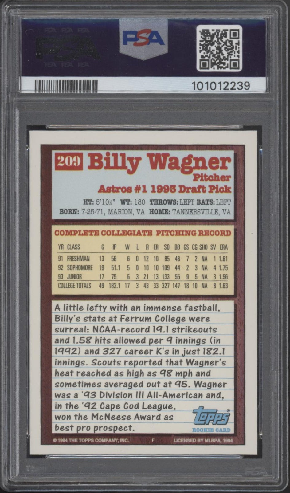 Billy Wagner 1994 Topps Draft Pick #209 PSA 8