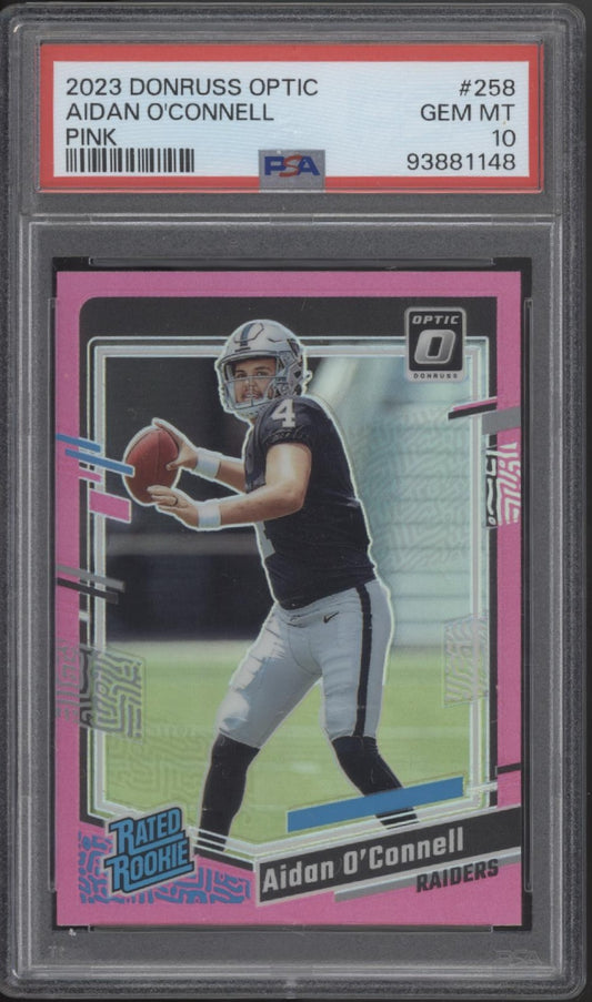 Aidan O'Connell 2023 Panini Donruss Optic Rated Rookie Pink Prizm RC #258 PSA 10