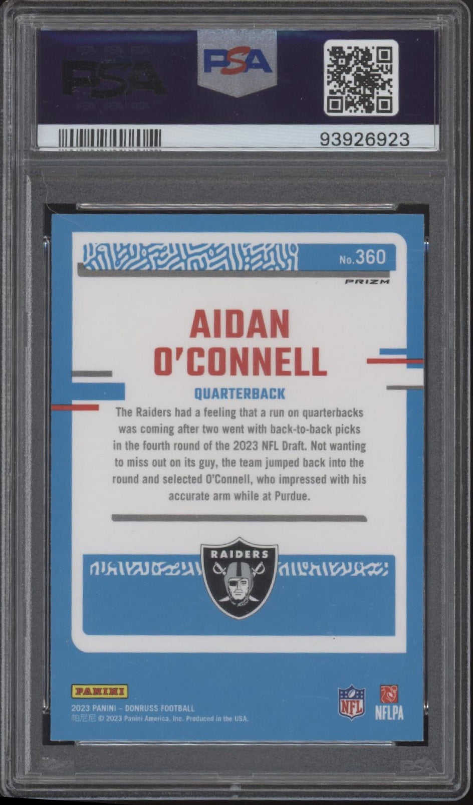 Aidan O'Connell 2023 Panini Donruss Optic Preview Blue Scope Prizm RC PSA 10