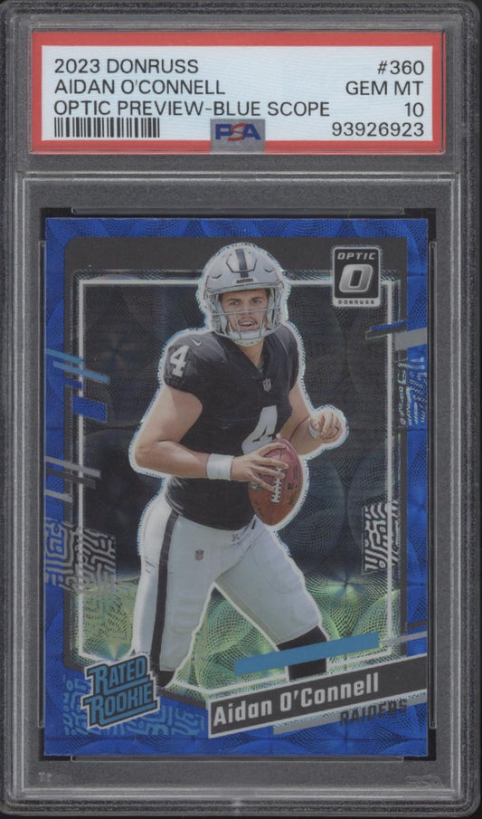 Aidan O'Connell 2023 Panini Donruss Optic Preview Blue Scope Prizm RC PSA 10