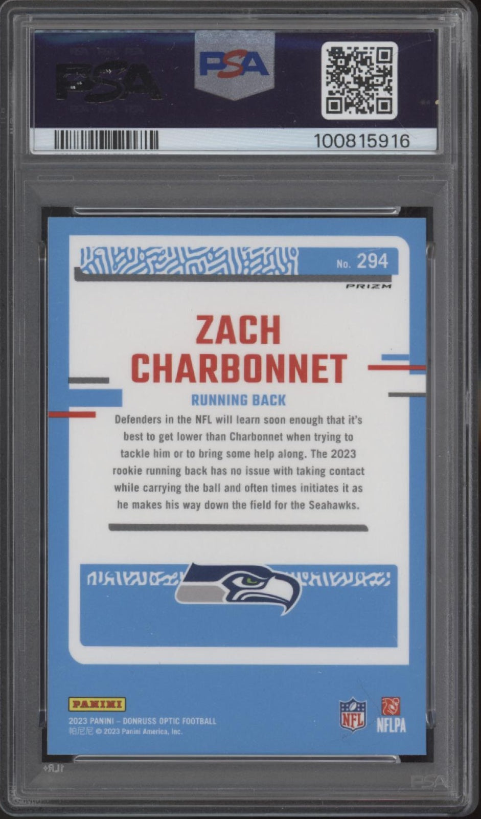 Zach Charbonnet 2023 Donruss Optic Rated Rookie Blue Hyper Prizm RC #294 PSA 9