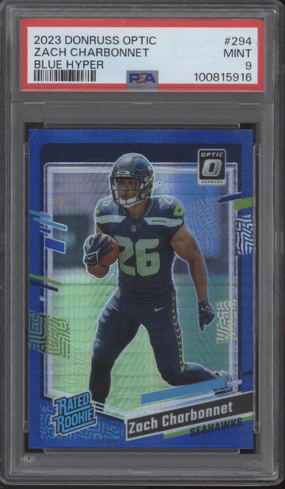 Zach Charbonnet 2023 Donruss Optic Rated Rookie Blue Hyper Prizm RC #294 PSA 9