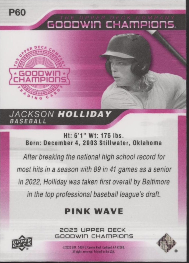Jackson Holliday 2023 Upper Deck Goodwin Champions Pink Wave RC #P60
