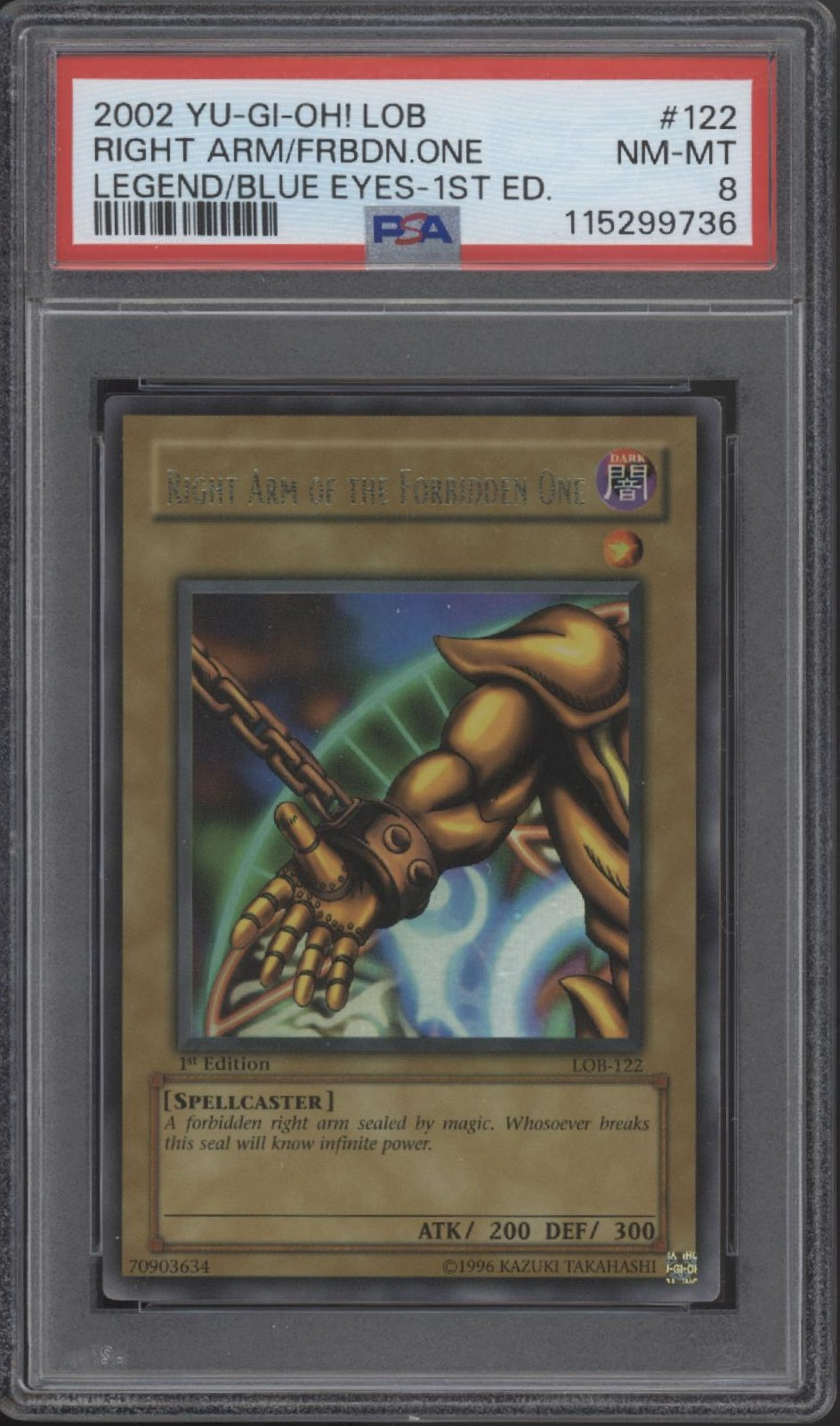 Right Arm of the Forbidden One Yu-Gi-Oh! LOB 1st Edition Wavy #122 PSA 8