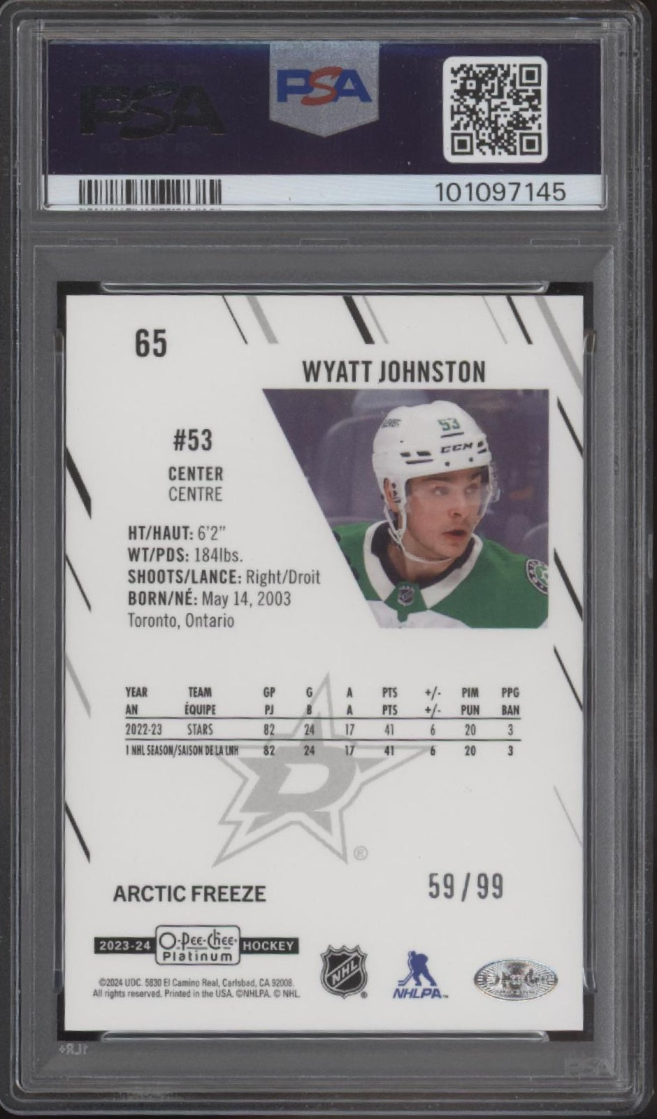 Wyatt Johnston 2023 O-Pee-Chee Platinum Arctic Freeze 59/99 #65 PSA 10