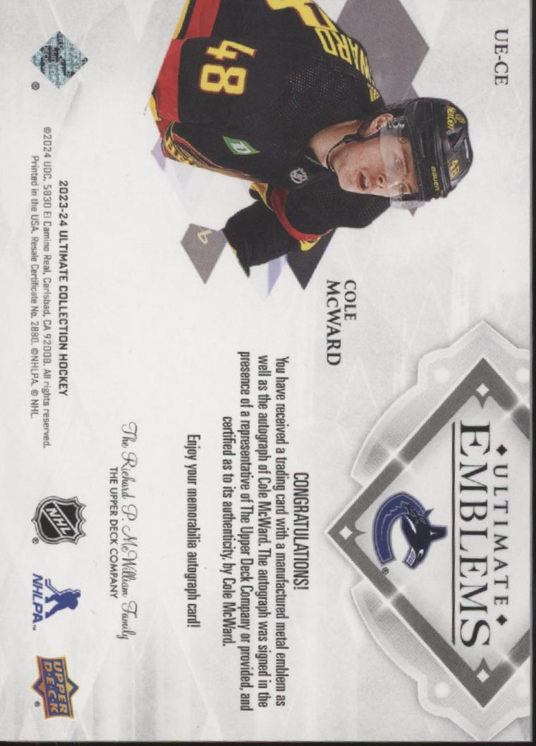 Cole McWard 2023-24 Upper Deck Ultimate Collection Emblems RC Auto #UE-CE