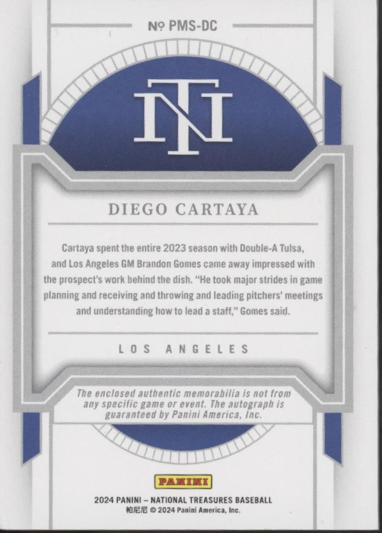 Diego Cartaya 2024 Panini National Treasures Swatch Auto 03/99 #PMS-DC