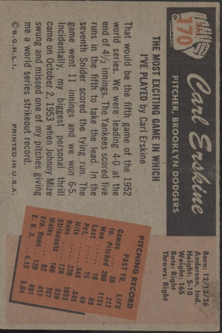 Carl Erskine 1955 Bowman #170 Brooklyn Dodgers VG #2