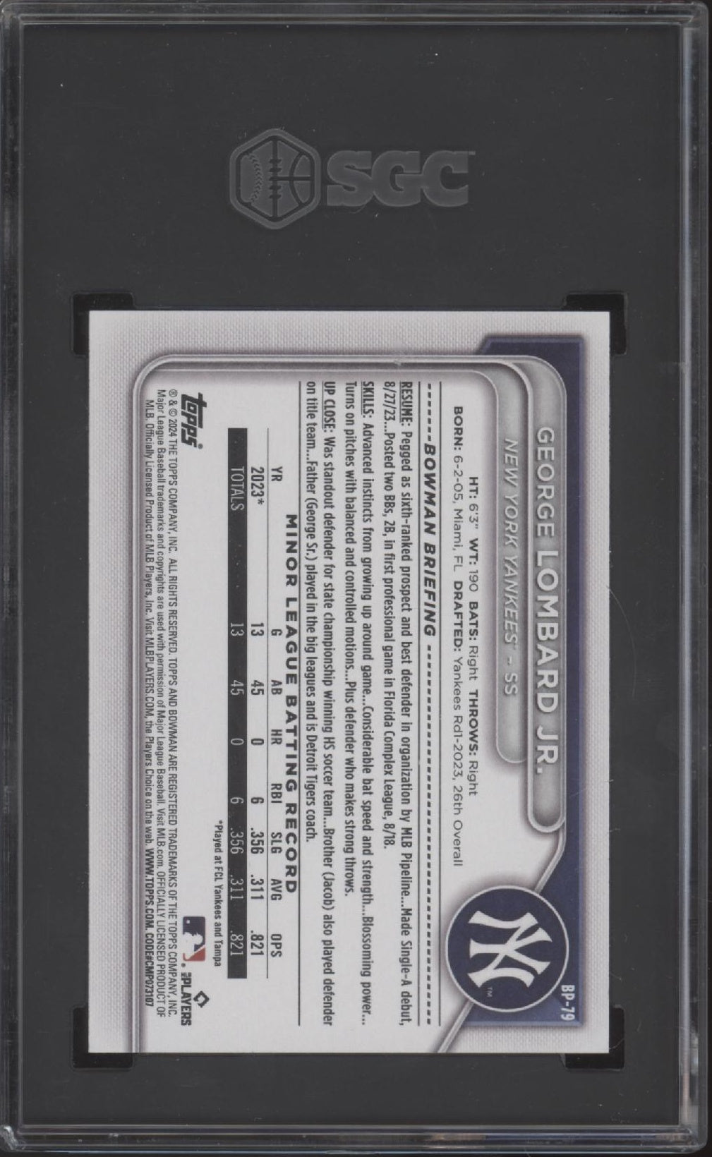 George Lombard Jr. 2024 Bowman Prospect #BP-79 SGC 9.5
