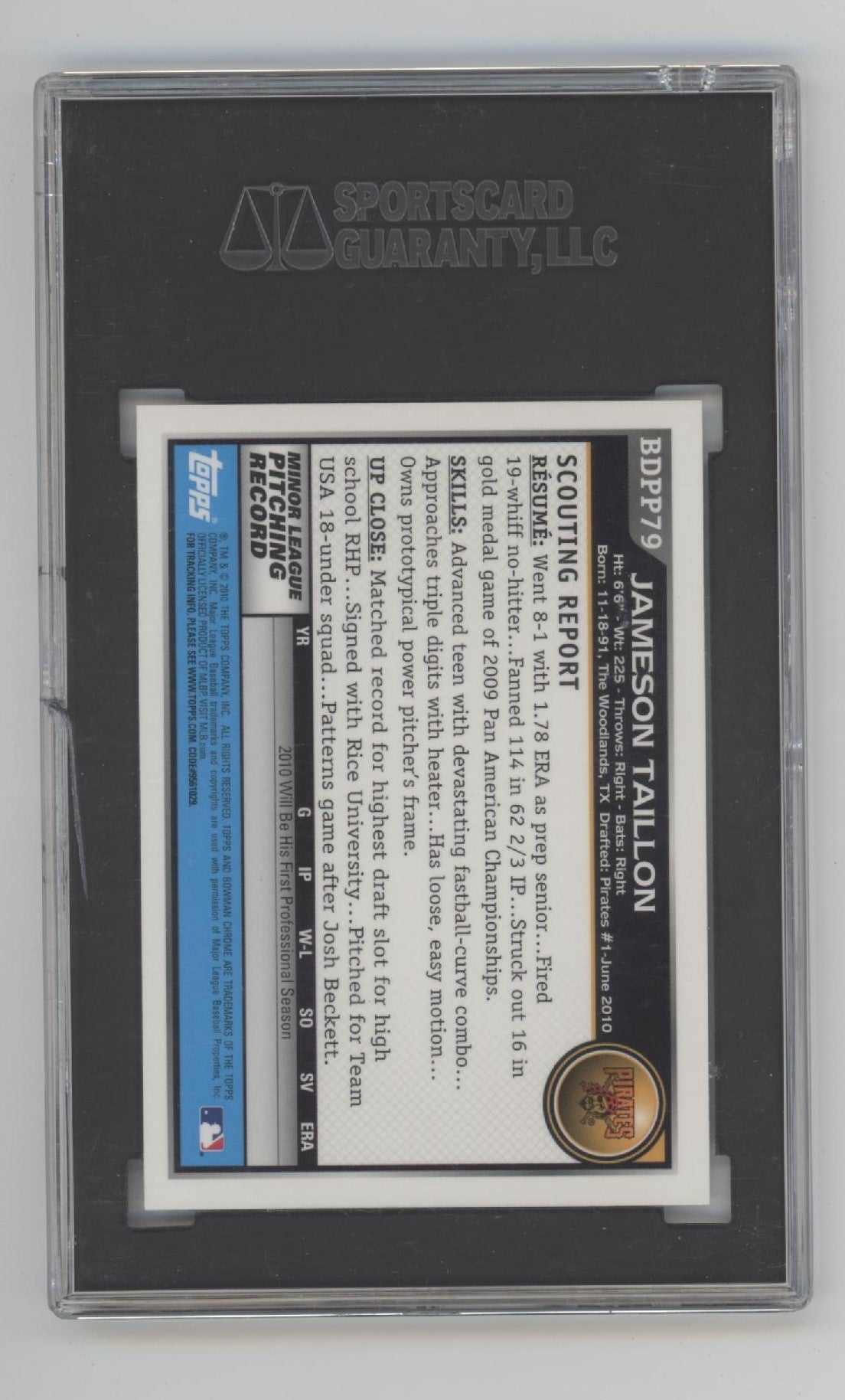 Jameson Taillon 2010 Bowman Chrome Draft Picks & Prospects Auto SGC 10 / 9.5