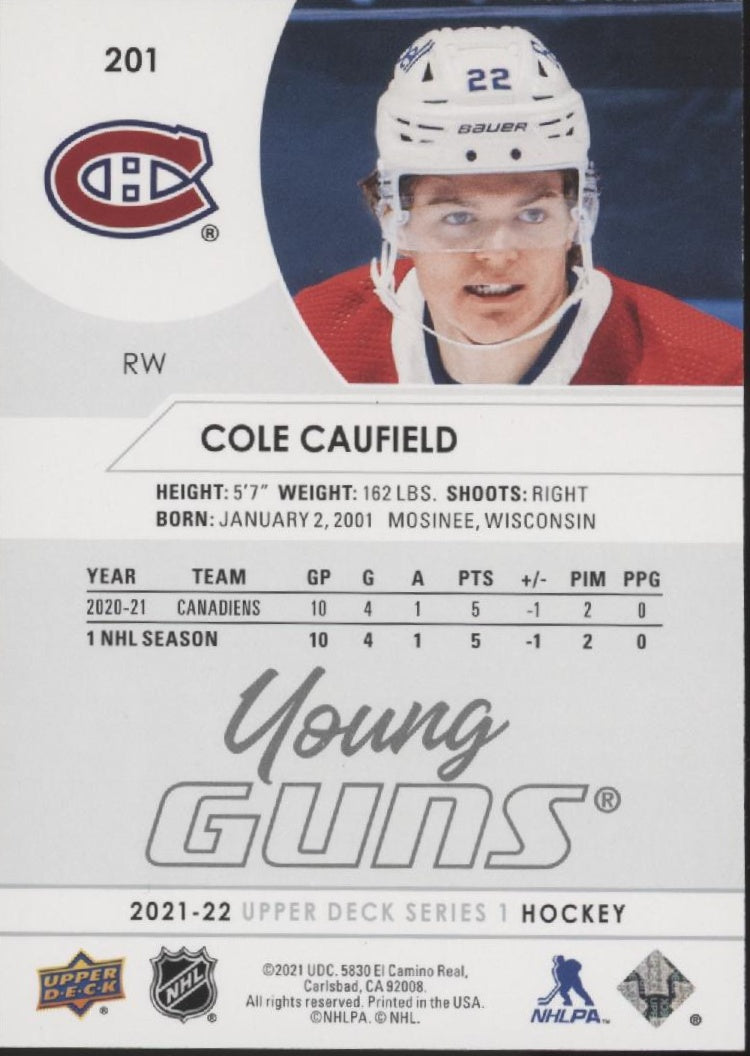 Cole Caufield 2021-22 Upper Deck Series 1 Young Guns RC #201