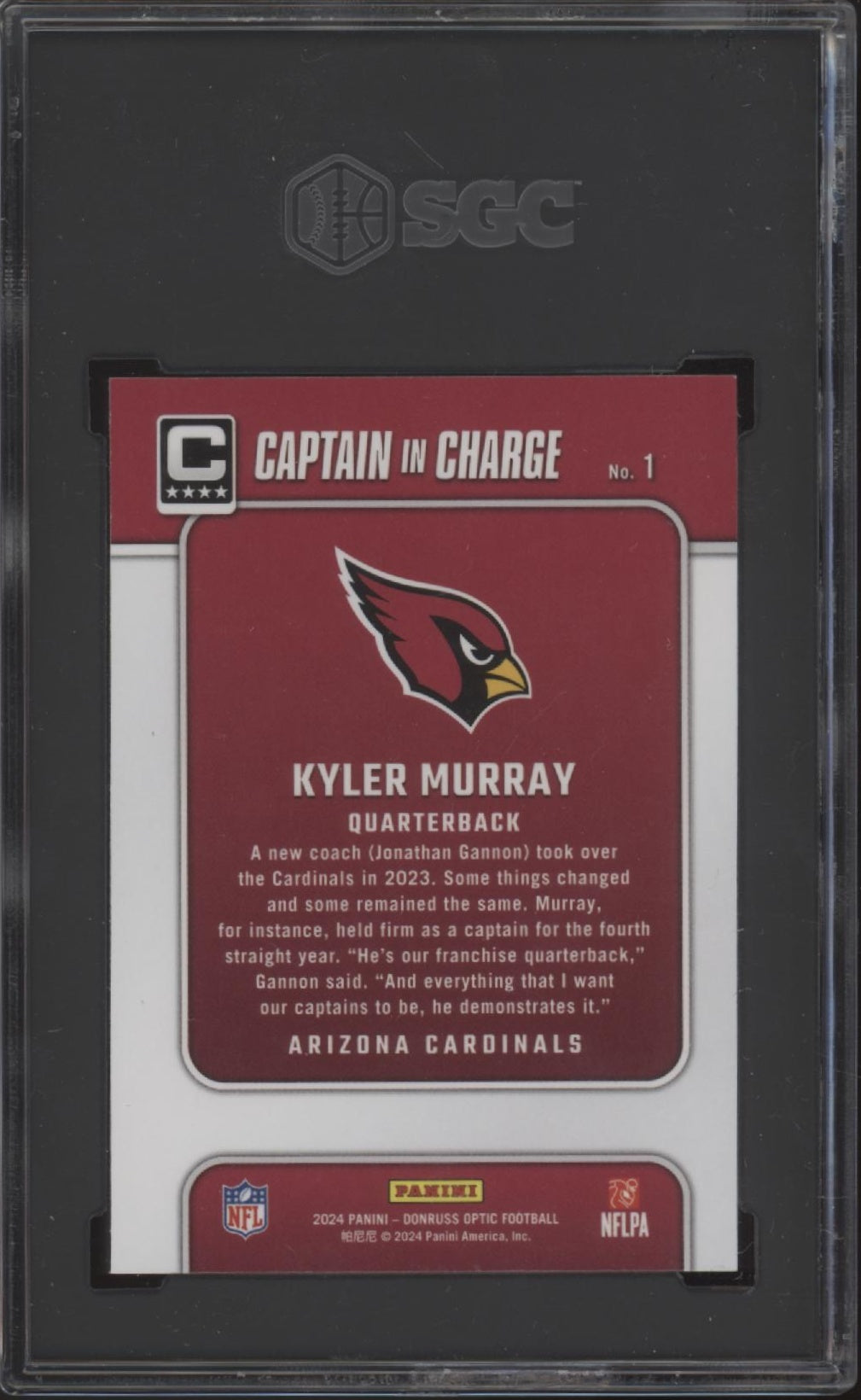 Kyler Murray 2024 Panini Donruss Optic Captain in Charge #1 SGC 9