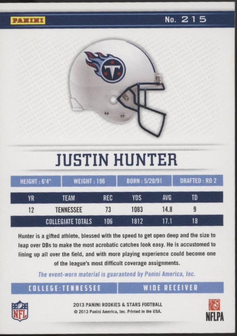 Justin Hunter 2013 Panini Rookies & Stars Longevity Swatch RC 249/299 #215