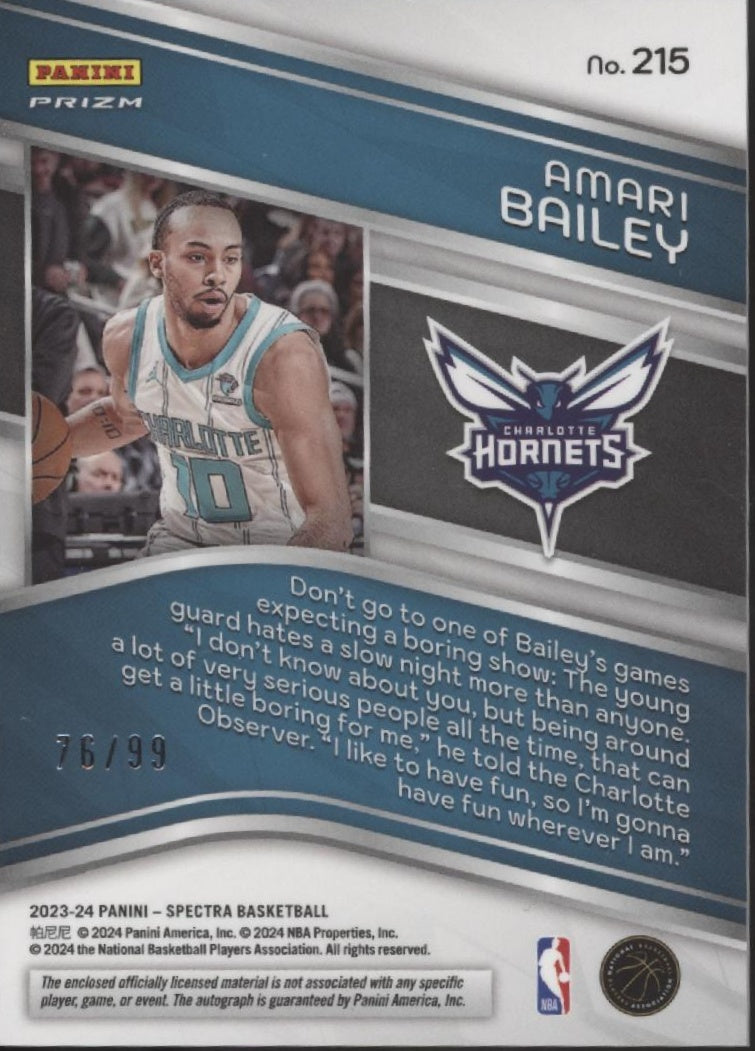 Amari Bailey 2023-24 Panini Spectra Celestial Prizm Swatch RC Auto 76/99 #215