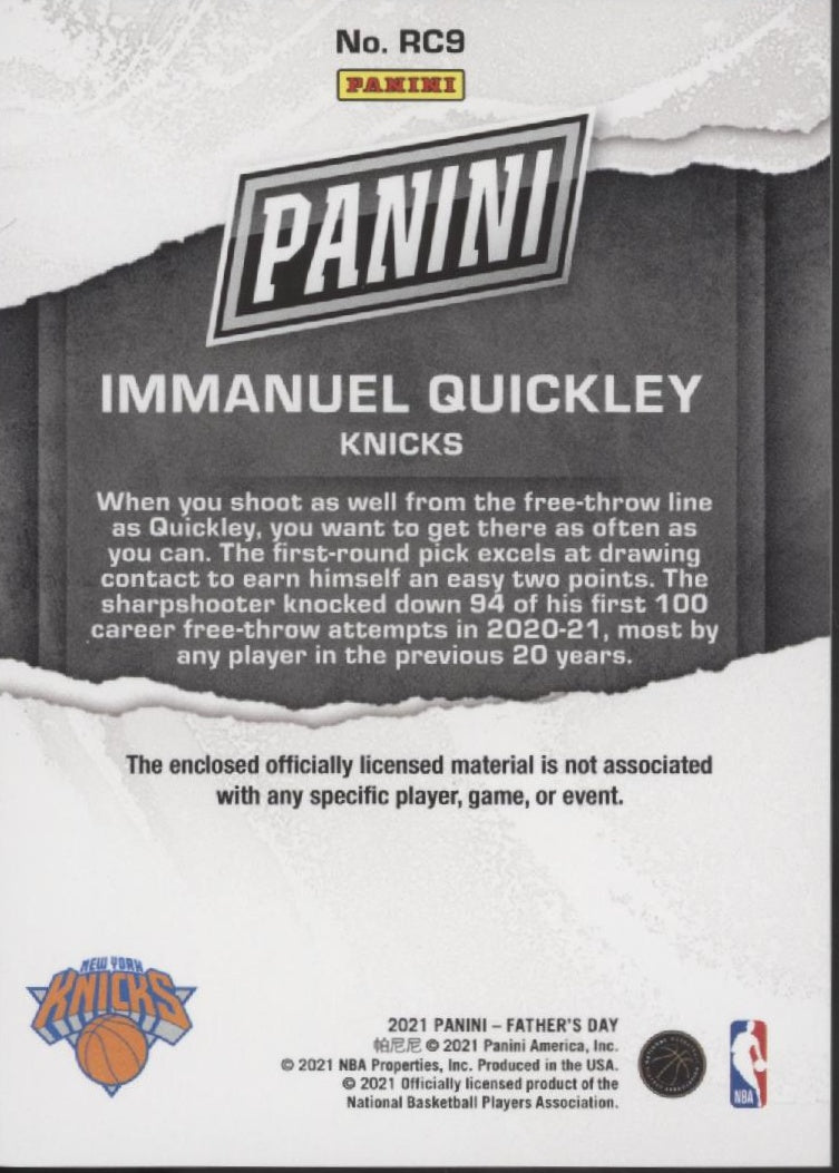 Immanuel Quickley 2021 Panini Father's Day Swatch RC 14/25 #RC9