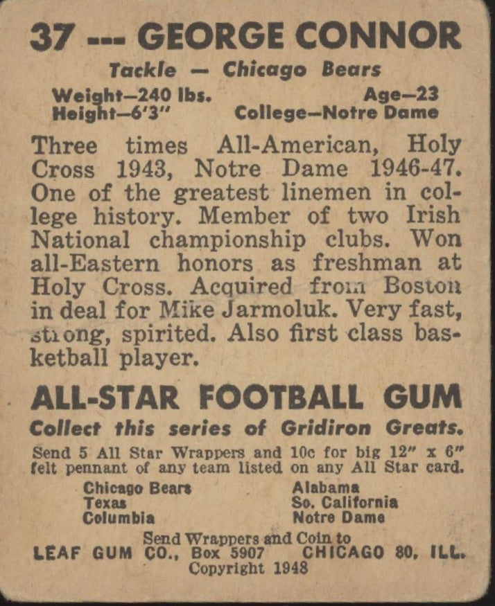 George Connor 1948 Leaf #37 Chicago Bears PR #2