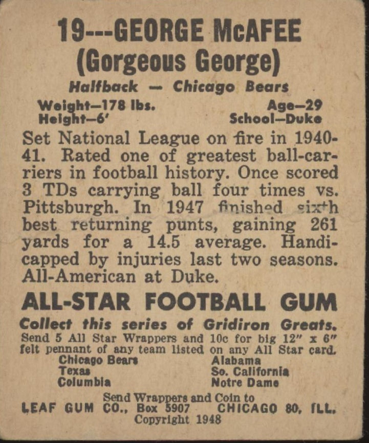 George McAfee 1948 Leaf #19 Chicago Bears PR #1