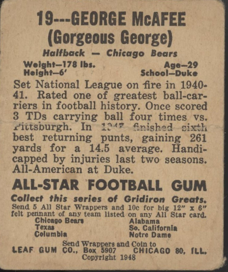 George McAfee 1948 Leaf #19 Chicago Bears PR #2