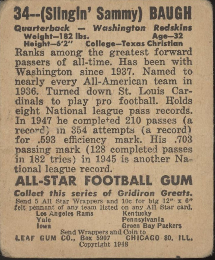 Sammy Baugh 1948 Leaf #34 Washington Redskins PR
