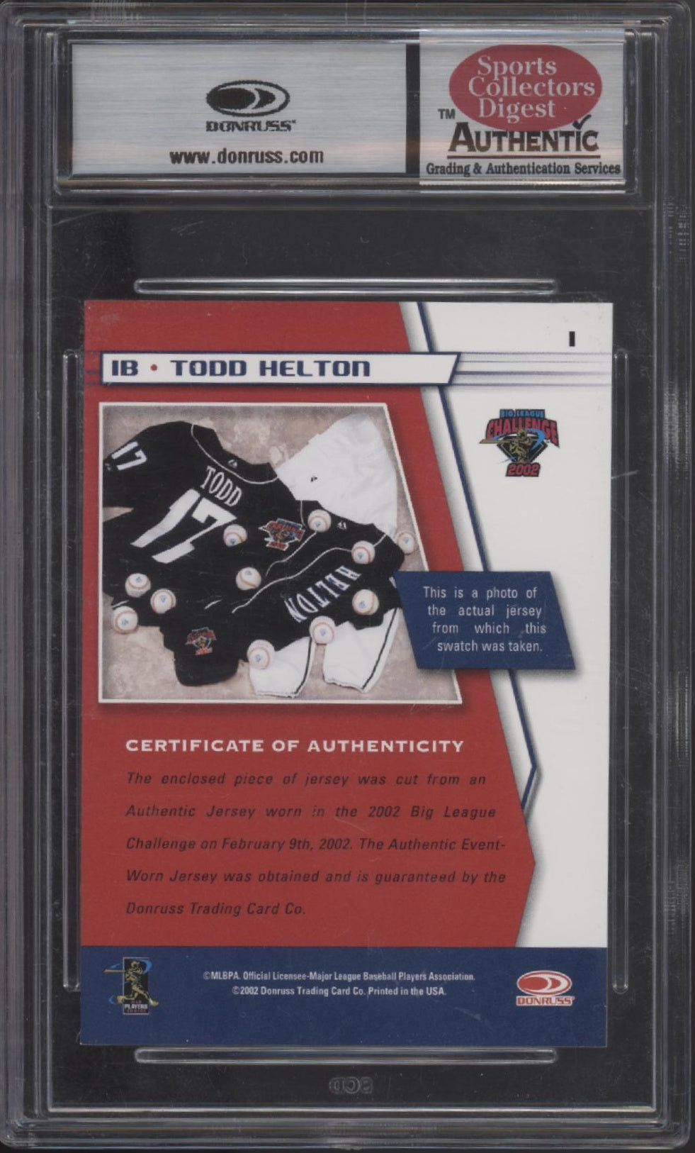 Todd Helton 2002 Donruss Big League Challenge Materials Swatch #1 SCD Authentic