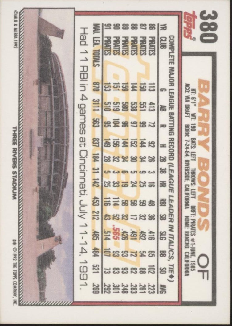 Barry Bonds 1992 Topps Gold Winner #380