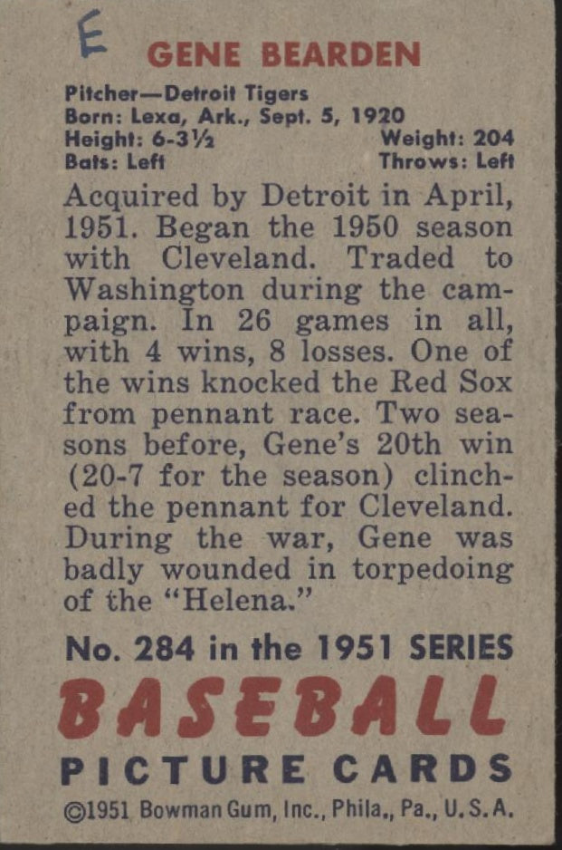 Gene Bearden 1951 Bowman #284 Detroit Tigers #284 VG-EX Marked