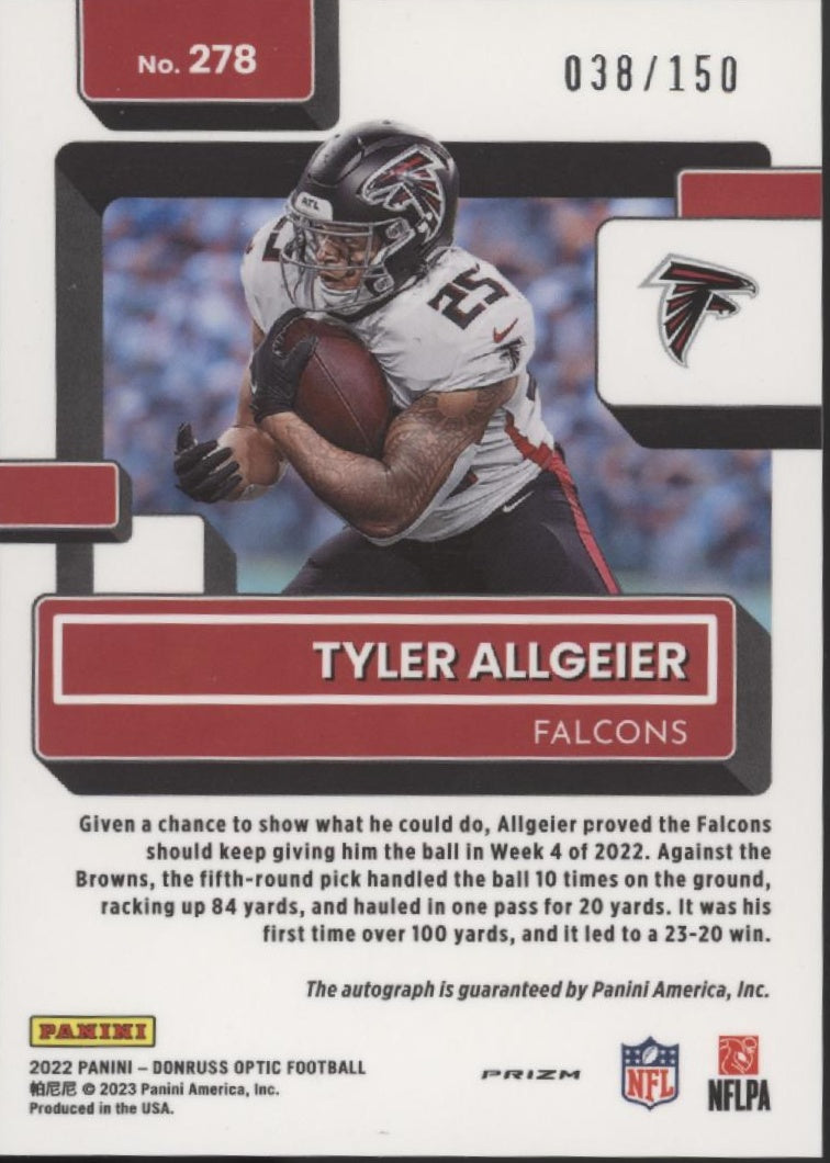 Tyler Allgeier 2022 Panini Donruss Optic Rated Rookie RC Auto 038/150 #278