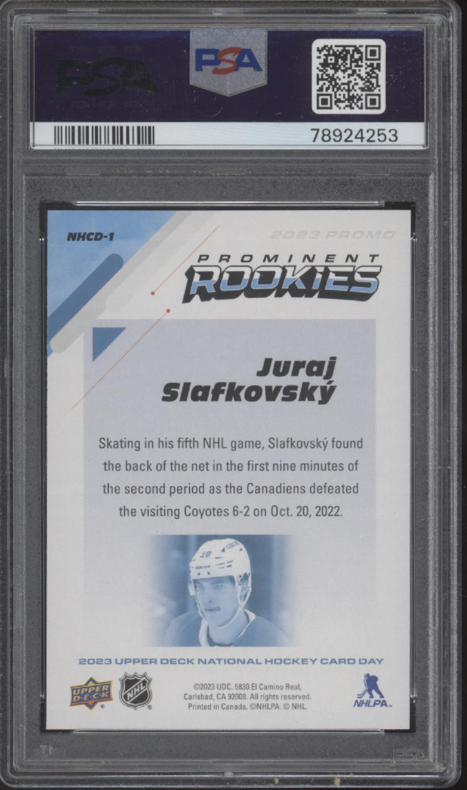 Juraj Slafkovsky 2023-24 UD National Hockey Card Day RC #NHCD-1 PSA 10 #1