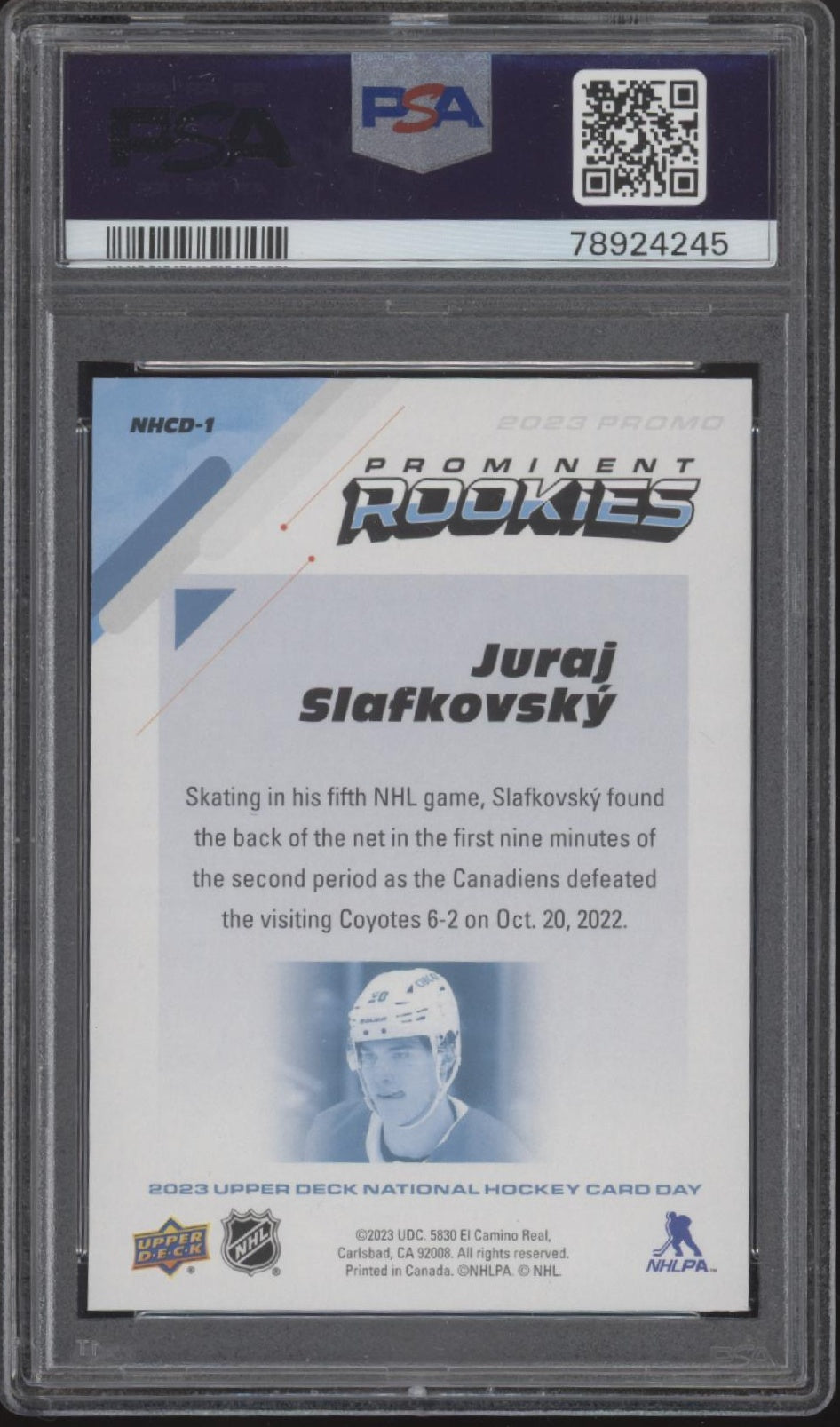Juraj Slafkovsky 2023-24 UD National Hockey Card Day RC #NHCD-1 PSA 10 #2