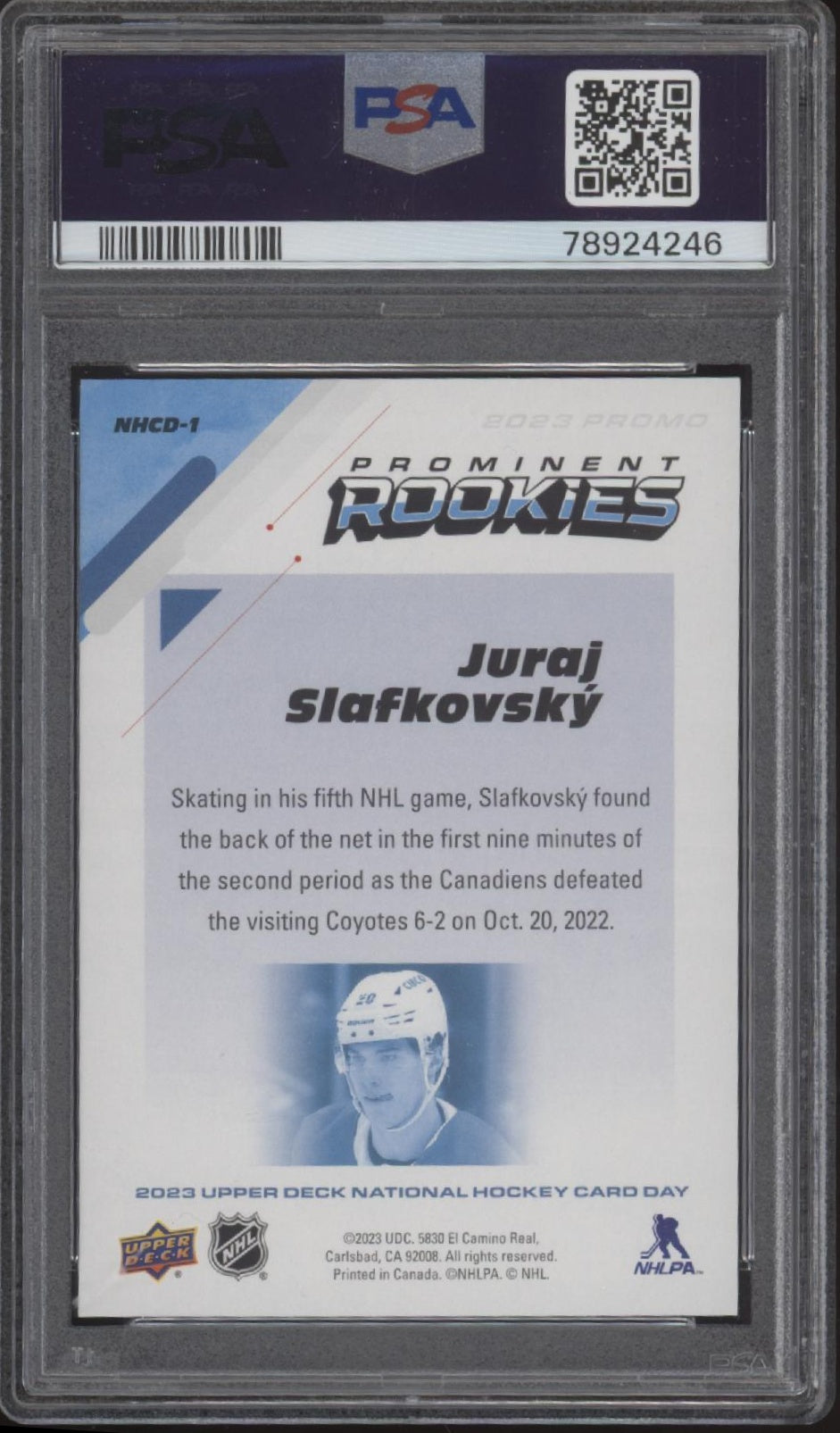 Juraj Slafkovsky 2023-24 UD National Hockey Card Day RC #NHCD-1 PSA 10 #3