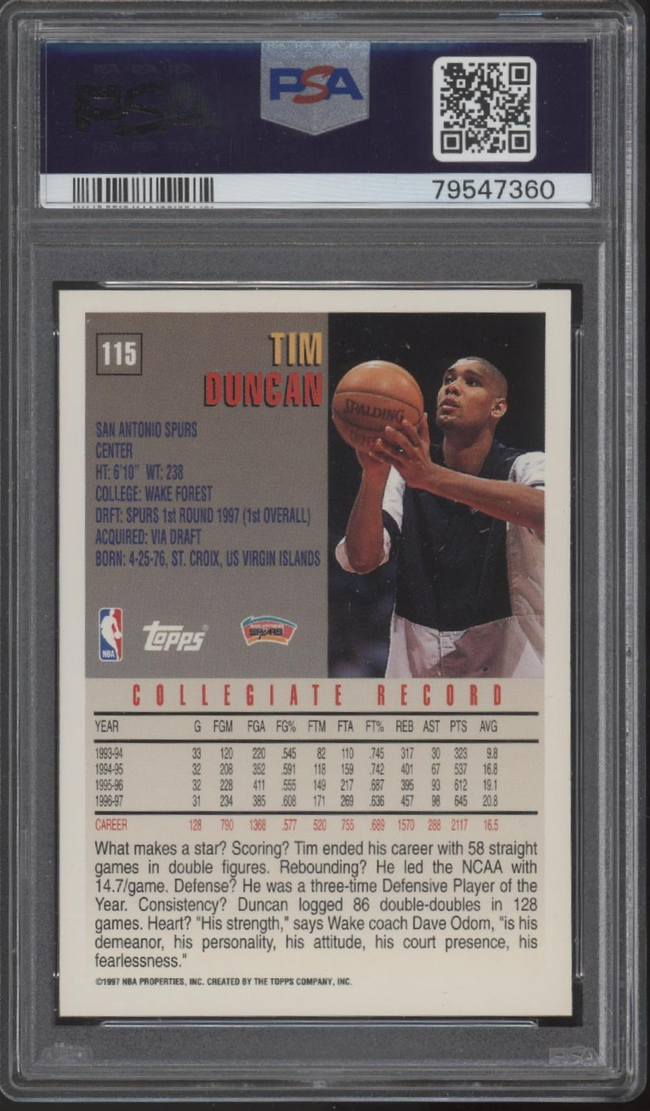 Tim Duncan 1997-98 Topps RC #115 PSA 9 #1