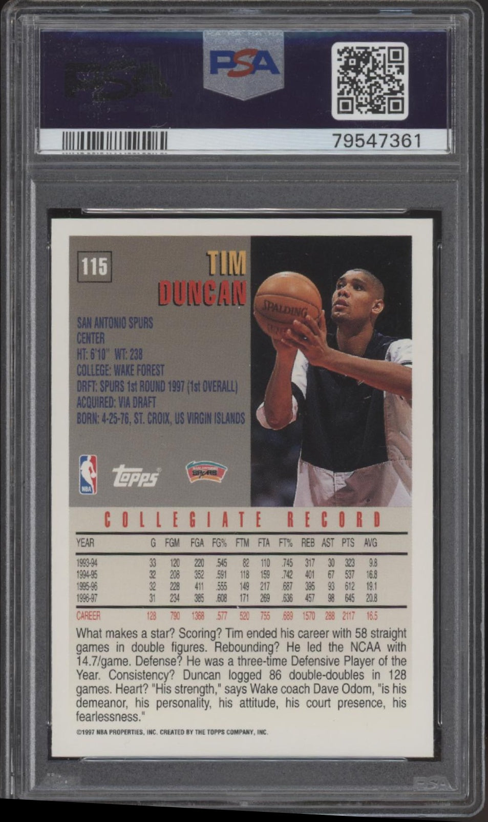 Tim Duncan 1997-98 Topps RC #115 PSA 9 #2