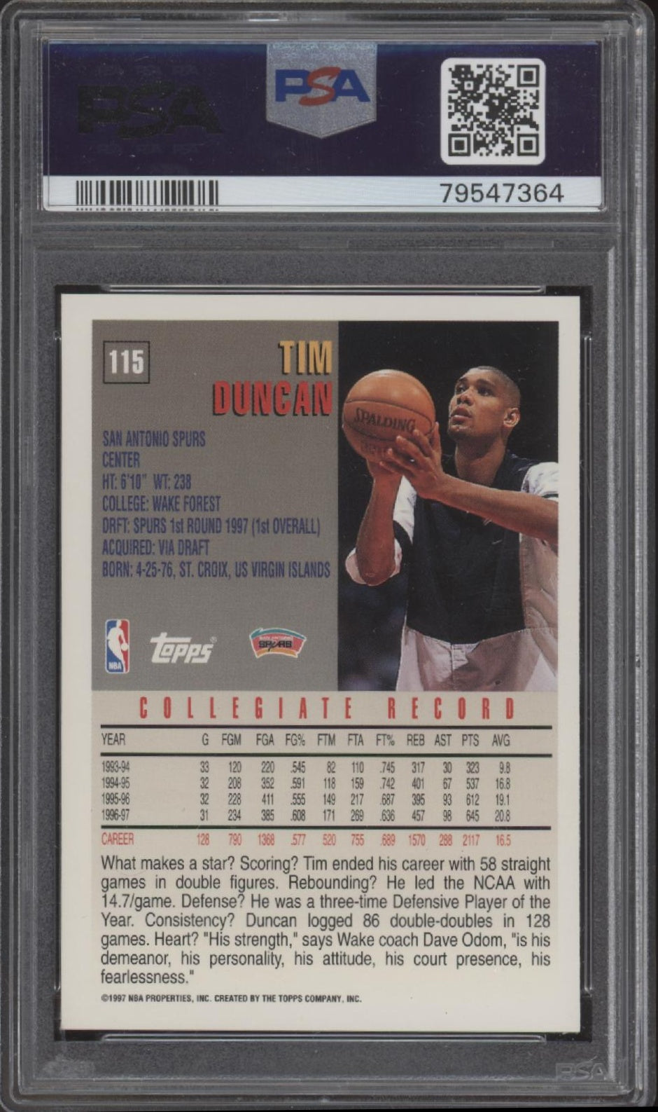 Tim Duncan 1997-98 Topps RC #115 PSA 9 #3