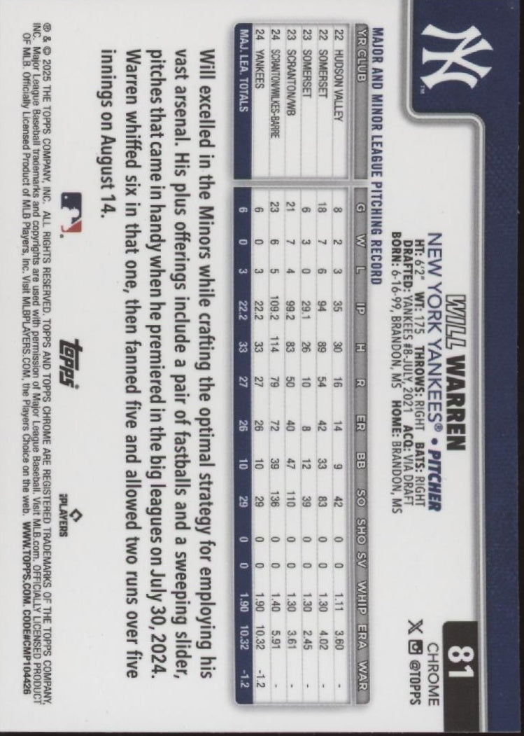 Will Warren 2025 Topps Chrome Green Wave Refractor RC 15/99 #81