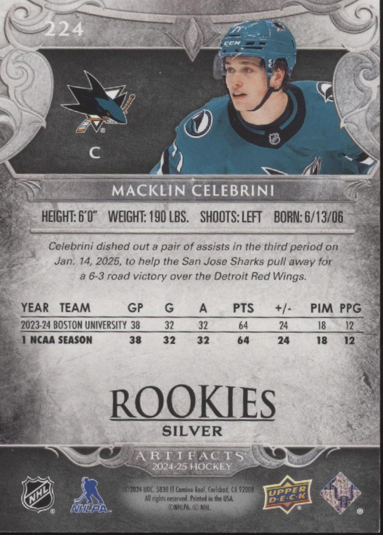 Macklin Celebrini 2024-25 Upper Deck Artifacts Rookies Silver RC #224
