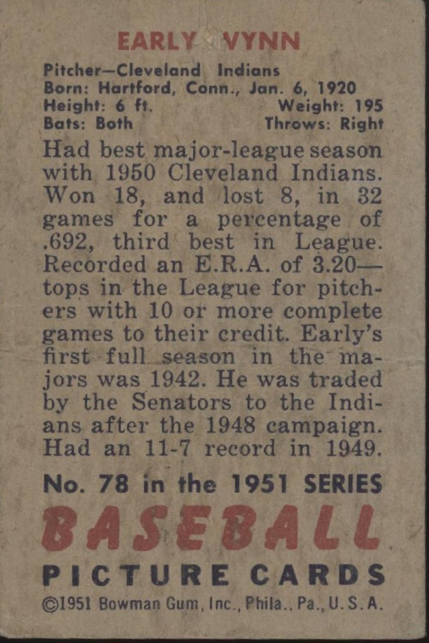 Early Wynn 1951 Bowman #78 Cleveland Indians GD