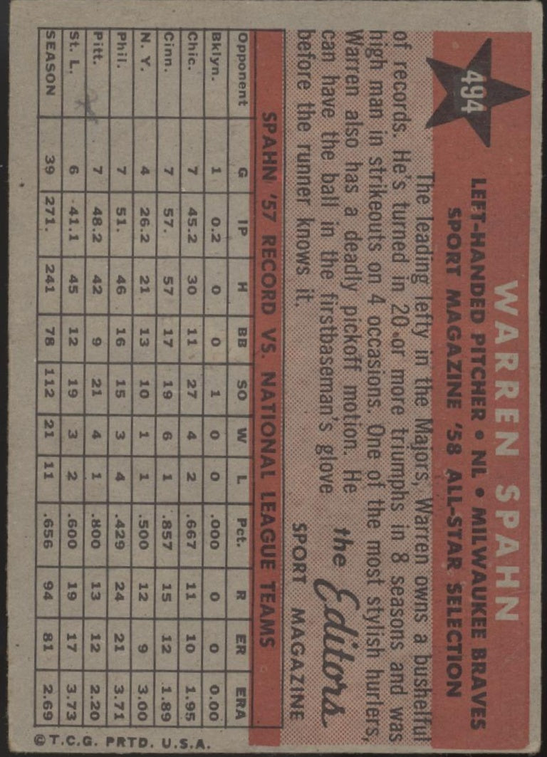 Warren Spahn 1958 Topps #494 Milwaukee Braves EX