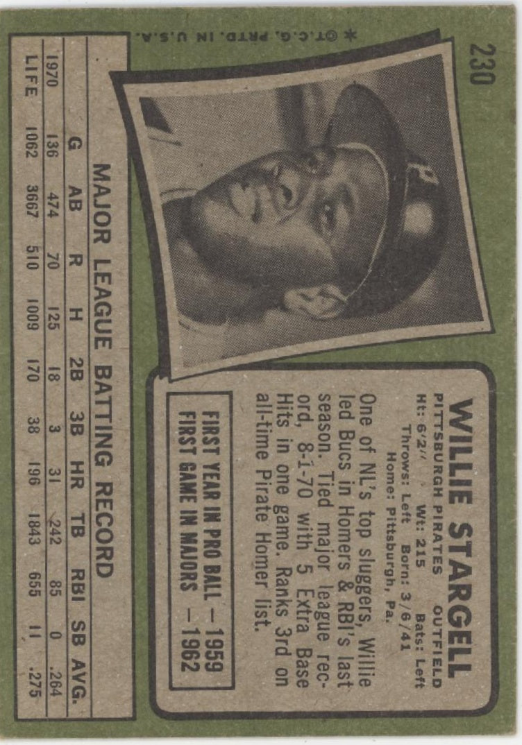 Willie Stargell 1971 Topps #230 Pittsburgh Pirates VG