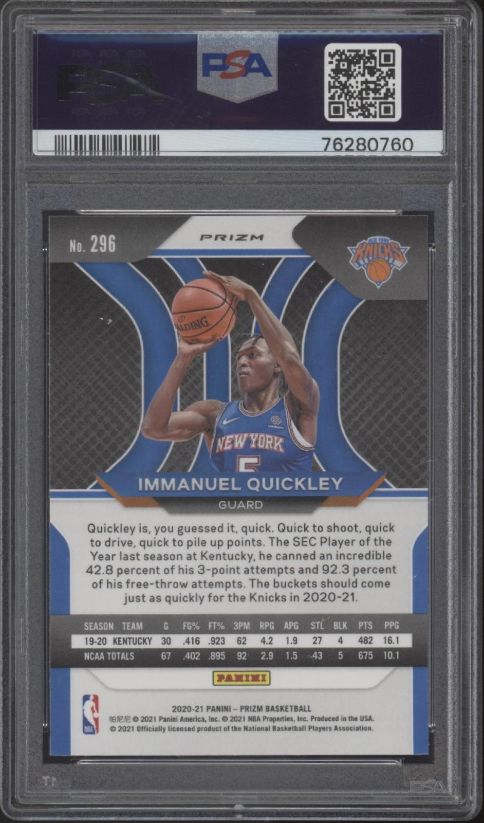 Immanuel Quickley 2020-21 Panini Prizm Green Prizm RC #296 PSA 10