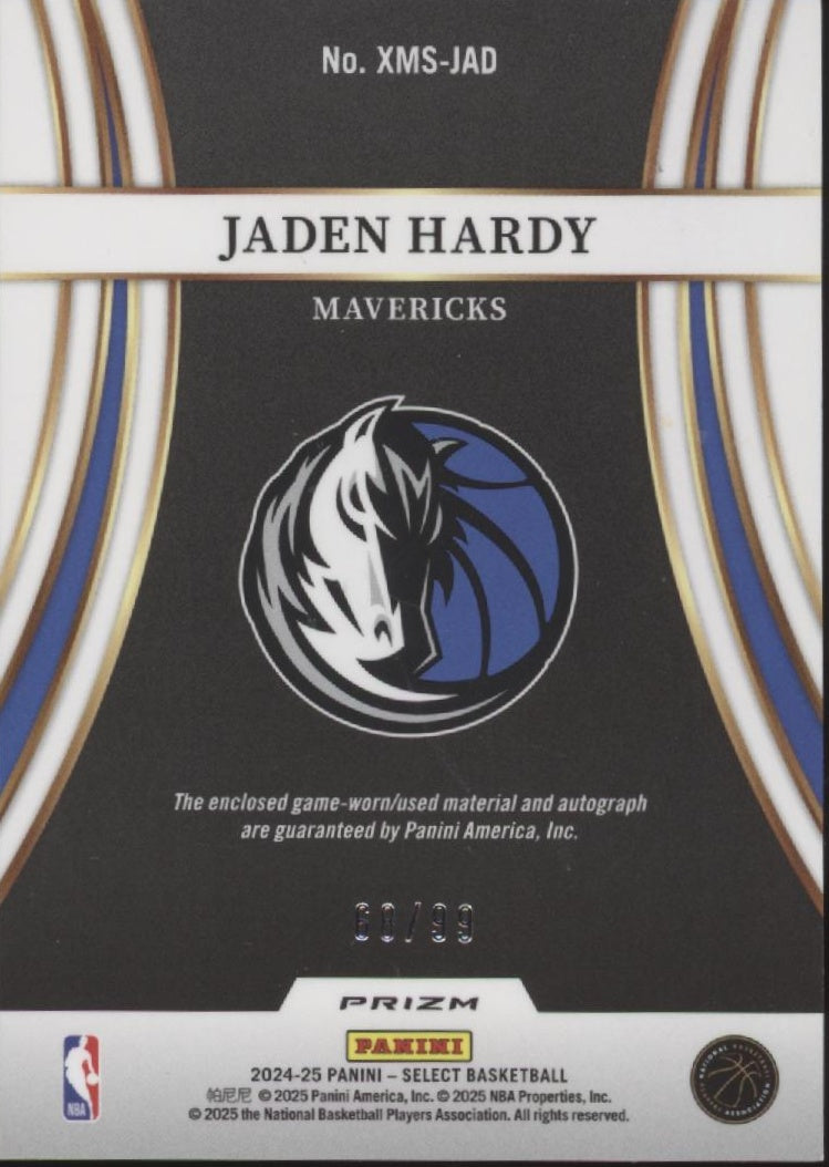 Jaden Hardy 2024-25 Panini Select X-Factor Purple Prizm Swatch Auto 68/99